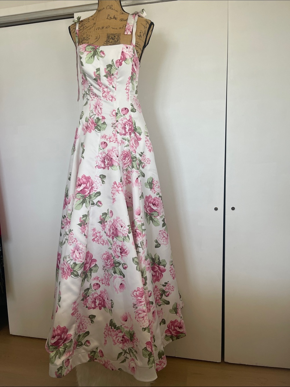 B Darlin White Maxi Dress with Pink Floral Print